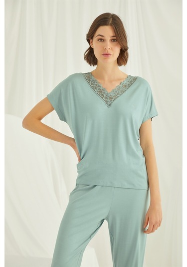Monamise Kadın V Yakalı Kısa Kollu Dantelli Pijama Takımı 18465-açık Yeşil Açık Yeşil