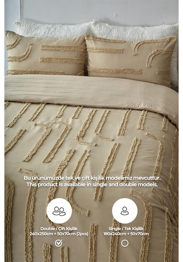 Pamuklu Sasha Kabartmalı Yatak Örtüsü Takımı Günlük Çift Kişilik Boho 3 Parça Elyaf Dolgulu Bej