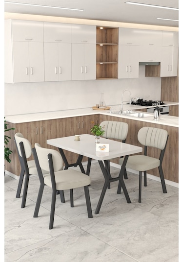 Gnr 70x110cm Sabit Beyaz Mutfak Masası Takımı, Yemek Masası, 4 Modern Krem Sandalye Krem