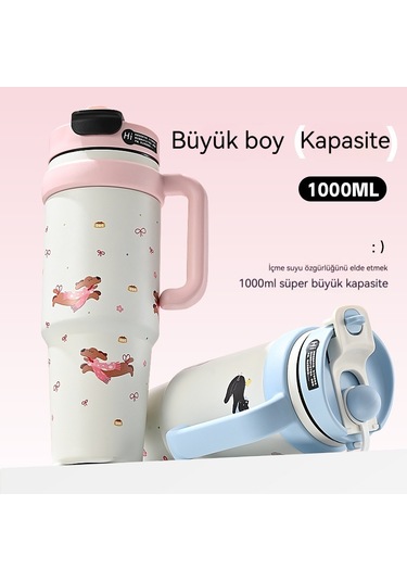 Jian Fan Termos Kupası Kız Çocuk Büyük Kapasiteli Buz Bardağı Hasır Bardak - Kırmızı Kırmızı