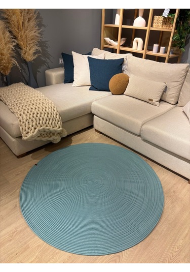 Jüt Yuvarlak Hasır Görünümlü Klasik Halı Kilim Turkuaz