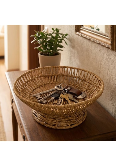 Buffer 28 Cm Plastik Rattan Servis Çanağı Doğal Hasır Görünümlü Dekoratif Meyve, Ekme Renkli