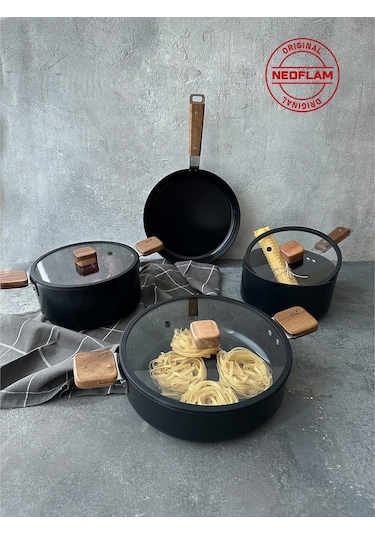 Neoflam Bien Black 7 Parça Indüksiyonlu Tencere Tava Seti, Akasya Ağacı Sap Ve Kulplu