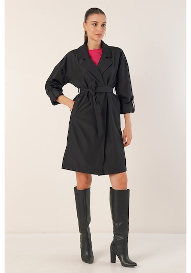 Bigdart 9104 Kruvaze Yaka Astarlı Trençkot - Siyah 001