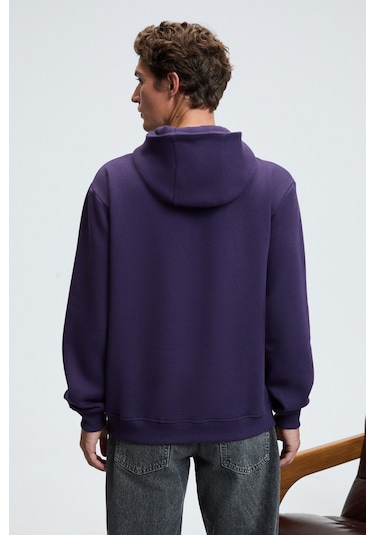 AMOS Erkek Yumuşak Kumaşlı 3 İplik Oversize Kapüşonlu Kanguru Cepli Mor Sweatshirt