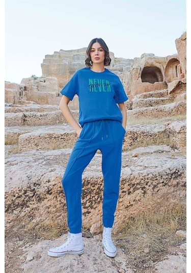 Monamise Kadın Kısa Kollu "never Give Up" Eşofman Takımı 23092 Mavi