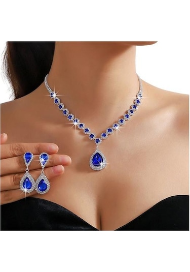 Lacivert 2 Adet/takım Kadınlar Düğün Takısı Seti Su Damlası Şekli Parlayan Sahte Kristal Gerdanlık Kolye Dangle Küpe Seti Lacivert