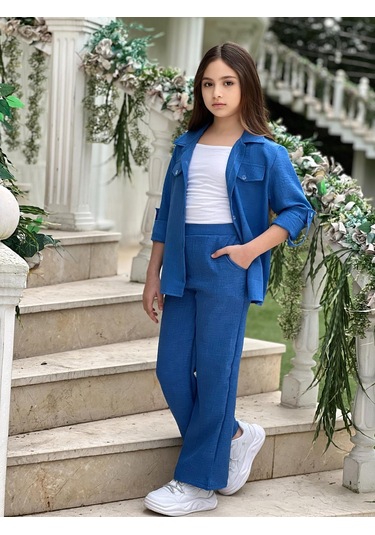 Modavals Kol Katlamalı Keten Gömlek Cepli Keten Alt & Suprem Askılı Badi 3lü Kız Çocuk Takım Saks