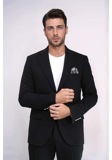 Siyah Kendinden Desenli Örme Altın Renk Metal Düğmeli Slim Fit Erkek Blazer Ceket - Wessi Black Siyah Kendinden Desenli Örme Altın Renk Metal Düğmeli Slim Fit Erkek Blazer Ceket - Wessi Black