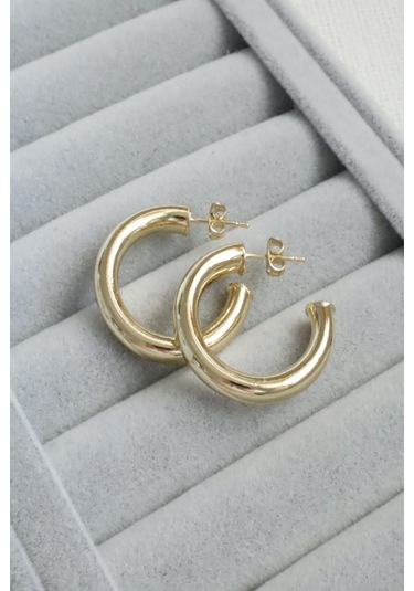 Kadın Küpe Kararmaz 14k Renk Vip Seri Tombik Boru 3cm Kesik Halka Küpe Altın