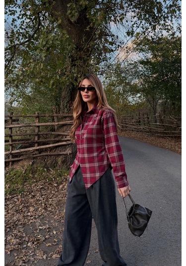 Kahverengi Bağlama Detaylı Ekoseli Gömlek - 25250 Kahverengi