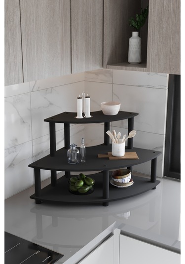 Dekoratif Oval Köşe 3 Katlı Tezgah Üstü Raf 50 Cm X 50 Cm Siyah Siyah