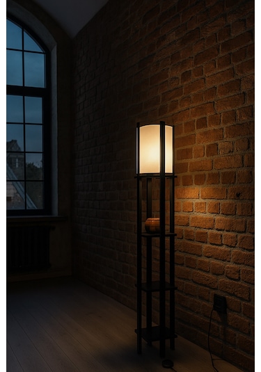 Modern Metal Gövdeli-raflı Dekoratif Ayaklı Lambader 22x22x145 Krem