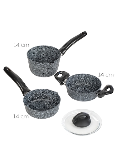 Porsima 4399 4 Parça Kaçerola Sosluk Sütlük Mini Granit Tencere Sahan Seti Gri 14cm Gri