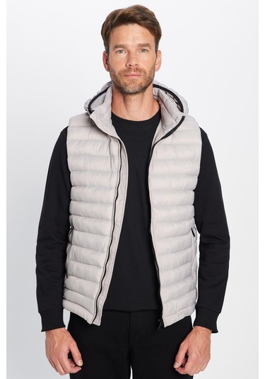Erkek Slim Fit Dar Kesim Astarlı Rüzgar Geçirmez Cepli Taş Renk Çıkarılabilir Kapüşonlu Şişme Yelek-32084 Taş