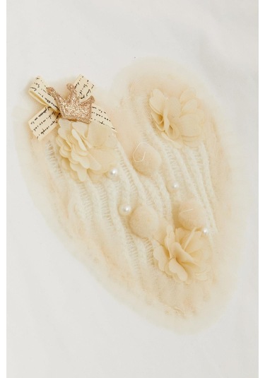 Breeze Kız Çocuk Uzun Kollu Tişört Ponponlu İncili 1-4 Yaş, Ekru Ekru