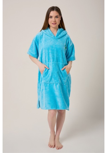 Palmiye Sörf Nakışlı Yetişkin Sörf Yazlık Panço Kapüşonlu Plaj Havlusu Mavi Mavi