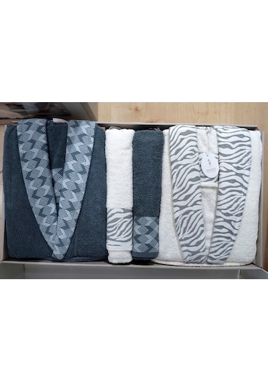 Dantela Premium Cotton Jakarlı Aile Bornoz Seti-Mery Krem Petrol Petrol - Krem