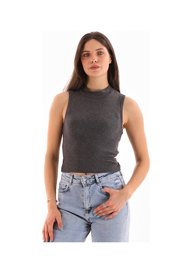 Kadın Likralı Kolsuz Crop Bluz Antrasit