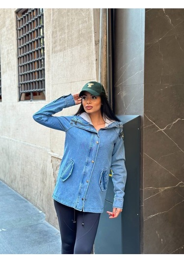 Kadın Ek Parça Kapüşon Kol Arma Detay Gabardin Ceket Mavi