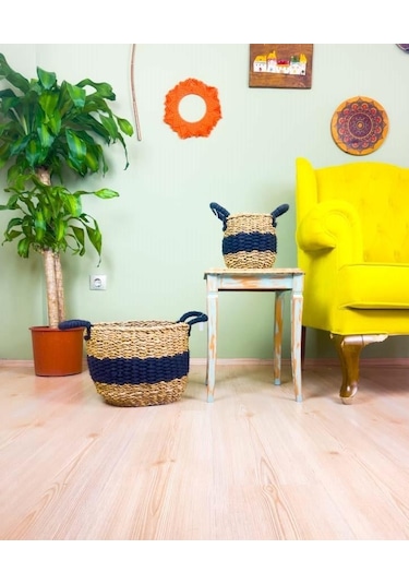 Bitki Tasarımı Düzenleyici Kulplu Siyah Şeritli Doğal Örgü Sepet İkili Set Büyük-küçük