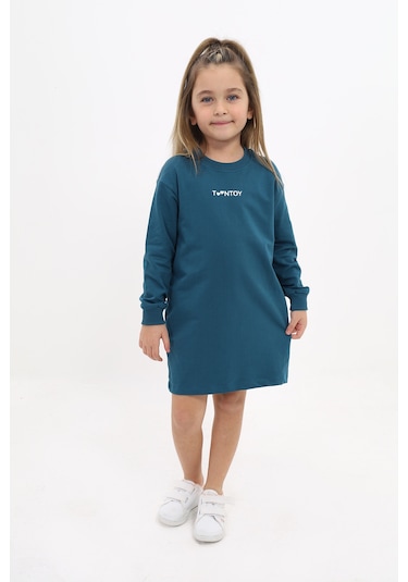 Toontoy Kız Çocuk Bisiklet Yaka Baskılı Elbise Petrol Mavi