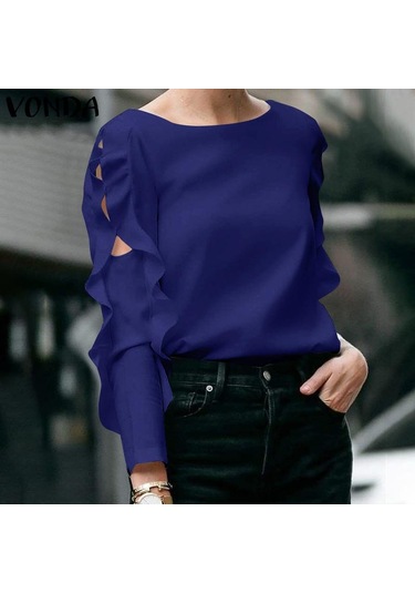 Vonda Kadın Yaz Modası Yuvarlak Yaka Puf Uzun Kollu Bluz Mavi