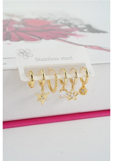 Kadın Vip Seri Özel Tasarım Baget Zirkon Taşlı 6'lı Küpe Seti 031 Sarı