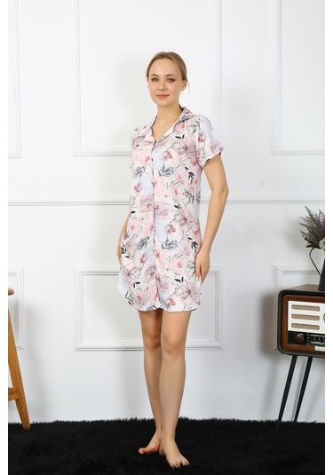 Akbeniz Kadın Penye Kısa Kol Düğmeli Somon Tunik Gecelik 13104-somon Somon