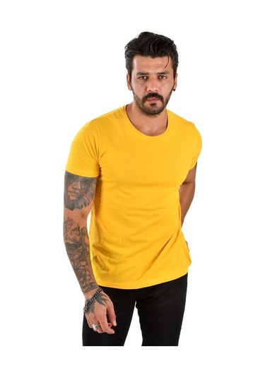 Deepsea Erkek Hardal Sarısı Sıfır Yaka Dar Kesim Likralı Düz Basic Tişört 1801131 False Hardal Sarısı