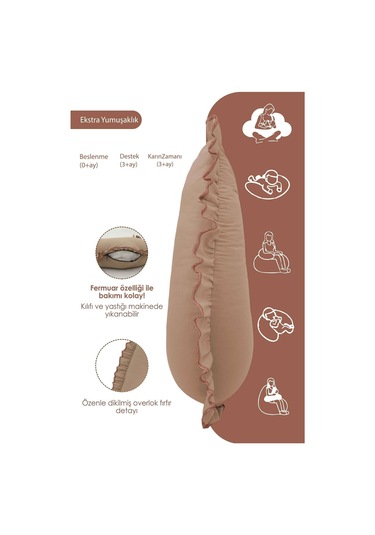 Mordesign Fırfırlı Emzirme Yastığı, Bebek Destek Minderi, Hamile Yastığı, Pamuk Kumaş, Ruffle Seri, Kapiçino Zg10196