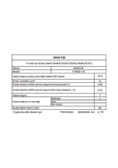 Arçelik F 8440-1 B 66 L Ocaklı Fırın Beyaz