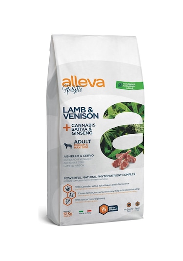 Alleva Holistik Tahılsız Canabis Kuzu ve Geyik Etli Medium Maxi Irk Yetişkin Köpek Maması 12 KG
