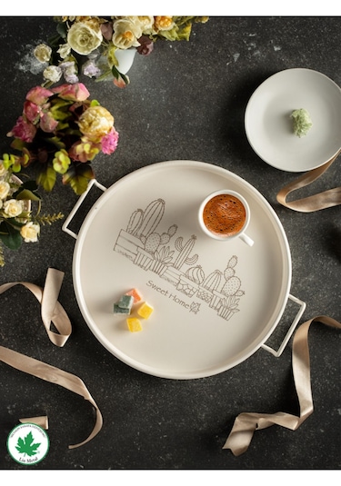 Lin Metal 24cm Yuvarlak Tel Kulplu Tepsi Kaktüs Baskılı - Krem