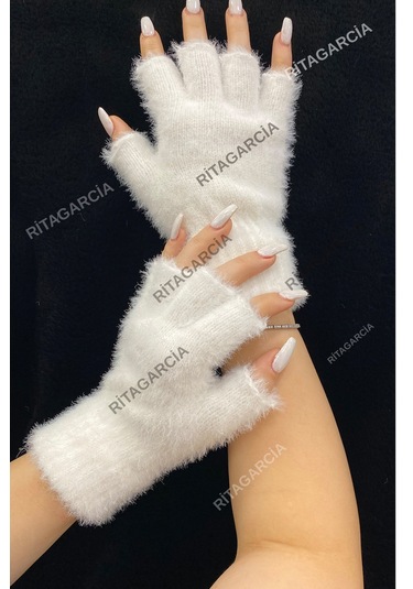 Peluş Kesik Parmak Eldiven Beyaz1