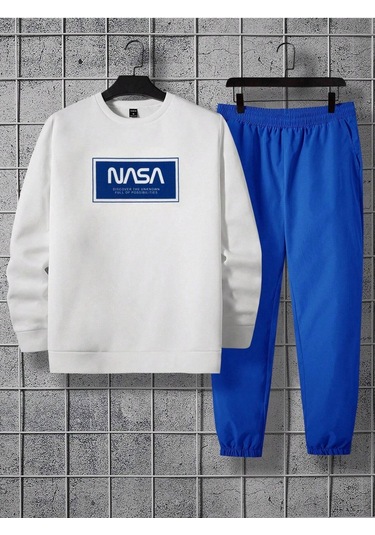 Nasa Unkown Eşofman Takımı Sweatshirt Jogger - Beyaz Sax Mavi Baskılı Şardonlu Bisiklet Yaka Beyaz Sax Mavi