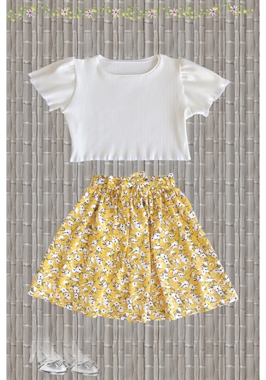 Çocuk Etekli Crop Takım, Çiçekli Sarı Etek - Ekru Crop Ekru -sarı Ekru - Sarı