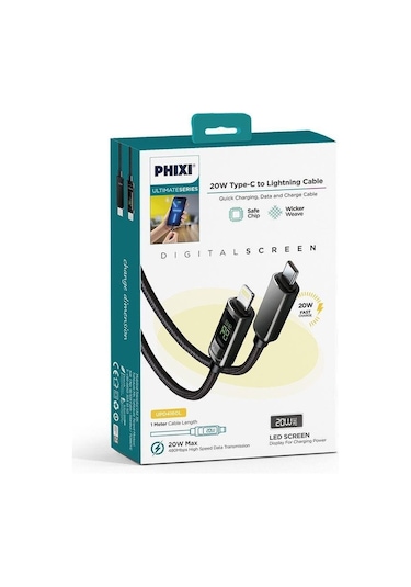Phixi Ultimate Upd4160l 20w Lcd Ekranlı Hasır Örgü Ve Güçlendirilmiş Metal Başlıklı Type-c To Lightning Hızlı Şarj Ve Data Kablo
