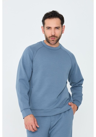 White Stone Mavi Pamuklu Erkek Basic Sweatshirt Blue