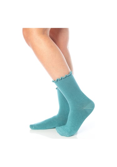 Bambu Kadın Lastiksiz Yeşil Fırfırlı Soket Dikişsiz Çorap 3'lü Paket / İz Bırakmaz / Sıkmayan Çorap Renkli
