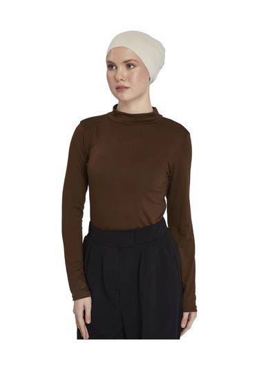 Kadın Organik Uzun Kollu Balıkçı Yakalı Body Çikolata