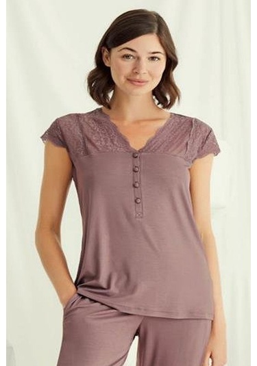 Monamise 18509 Kadın V Yaka Dantelli Düğmeli Kısa Kollu Pijama Takımı-kahve Kahve
