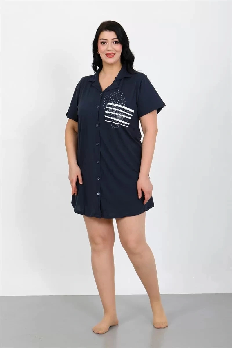 Moda Büyük Beden Penye Düğmeli Lacivert Tunik Gecelik Lacivert