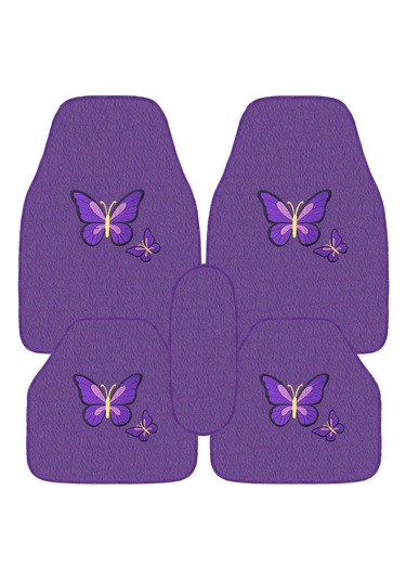 Kelebek Desenli Nakışlı Mor Renk 5 Li Oto Halı Paspas Seti Şık & Dayanıklı Araç İçi Aksesuar