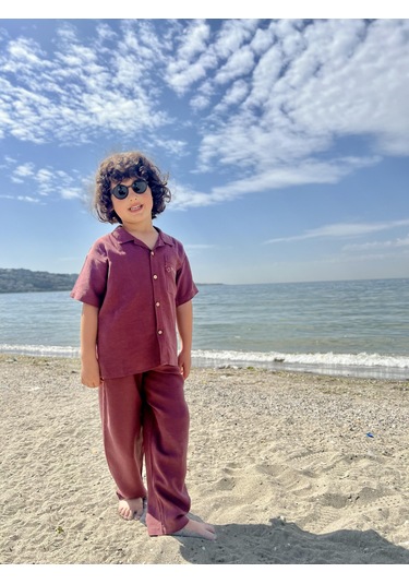 Cebi Nakışlı Gömlek Pantolon Keten Erkek Çocuk Takım Mürdüm Mürdüm