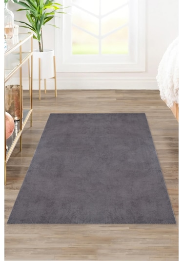 Comfort Ponpon Saçaklı Peluş Halı Antrasit Antrasit Düz Overloklu