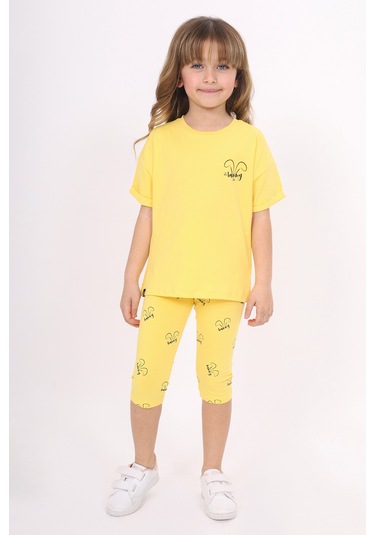 Toontoy Kız Çocuk Baskılı Kaprili Takım Koyu Sarı