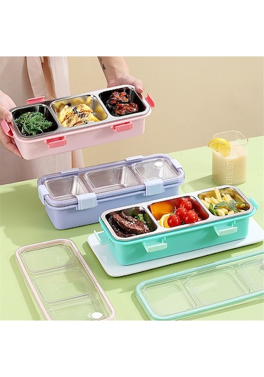 Xurunkeji 3 Bölmeli Öğle Yemeği Kutusu, Paslanmaz Çelik Bento Kutusu, Çocuklar İçin Taşınabilir Gıda Saklama Kabı, Sızdırmaz Atıştırmalık Kutusu Pembe