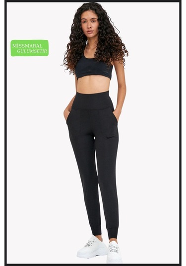 Kadın Eşofman Alt Siyah Curve Jogger Dalgıç Kumaş Yüksek Bel Çift Cepli Joggers 1061 Siyah