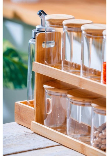 Acar Malibu Bambu Standlı 9 Lu Boroslikat Cam Baharatlık Seti Şeffaf
